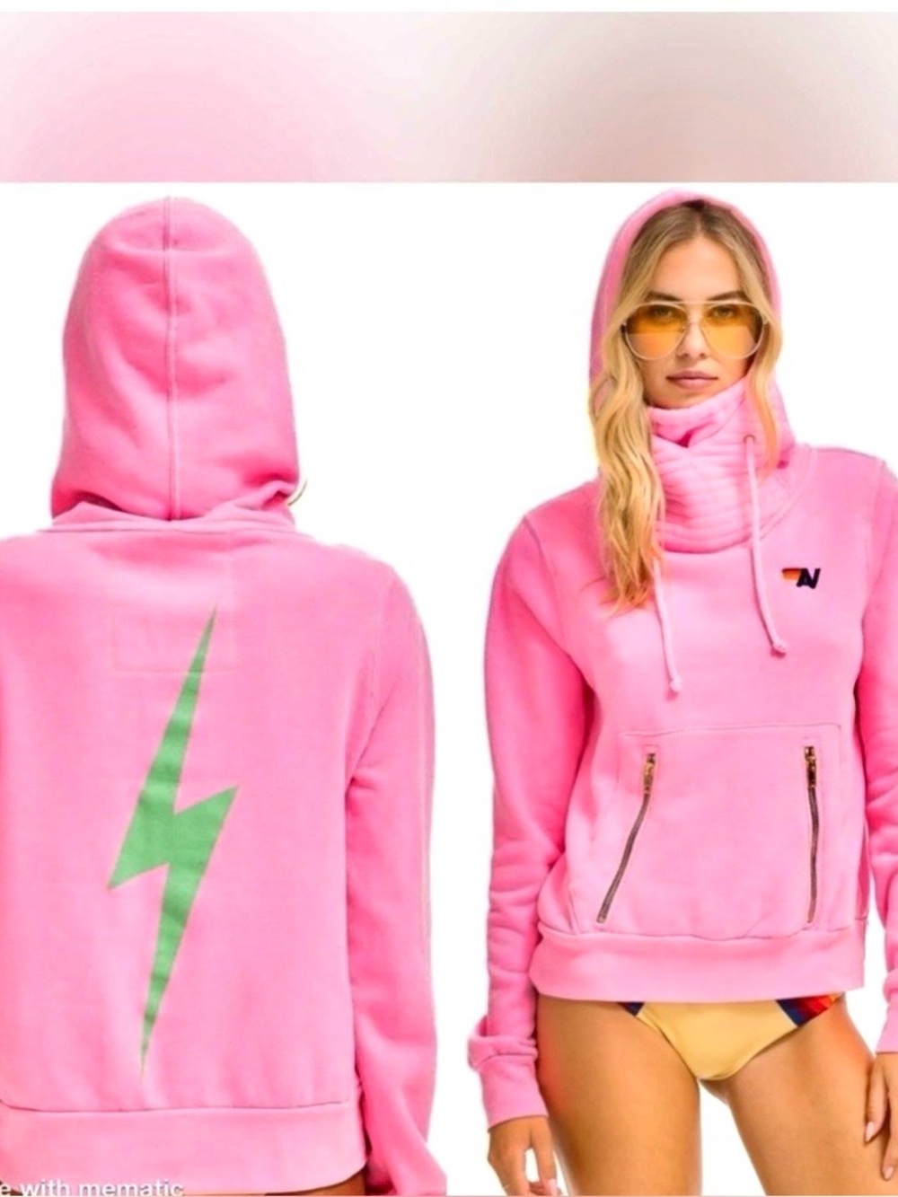 Aviator Nation *RARE* Neon Bolt Bolt Back Graphic Ninja Hoodie in Neon Pink sm